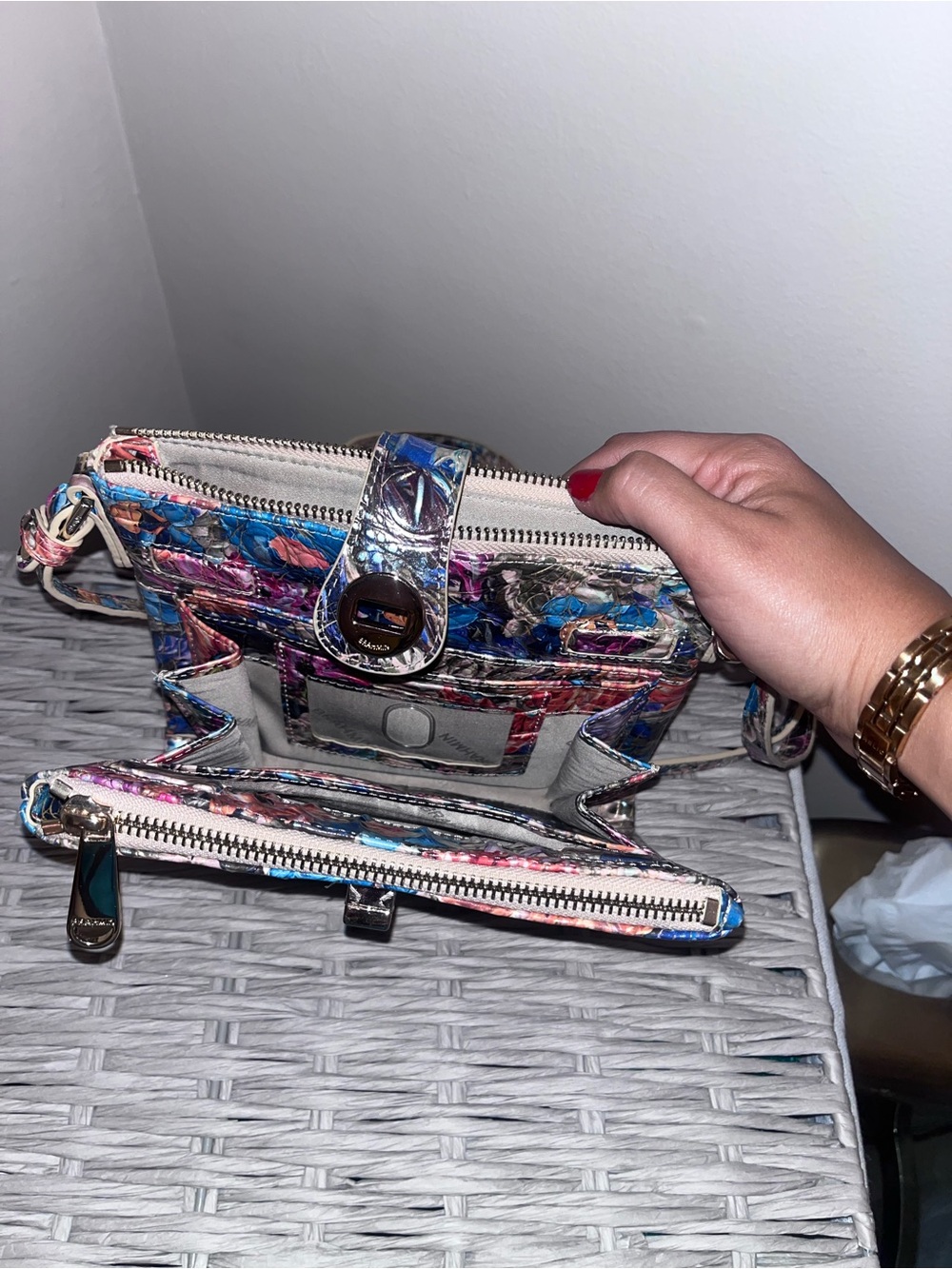 Brahmin Multicolor Floral Embossed Leather Crossbody — Pink Blue Purple Accents - Picture 3 of 4